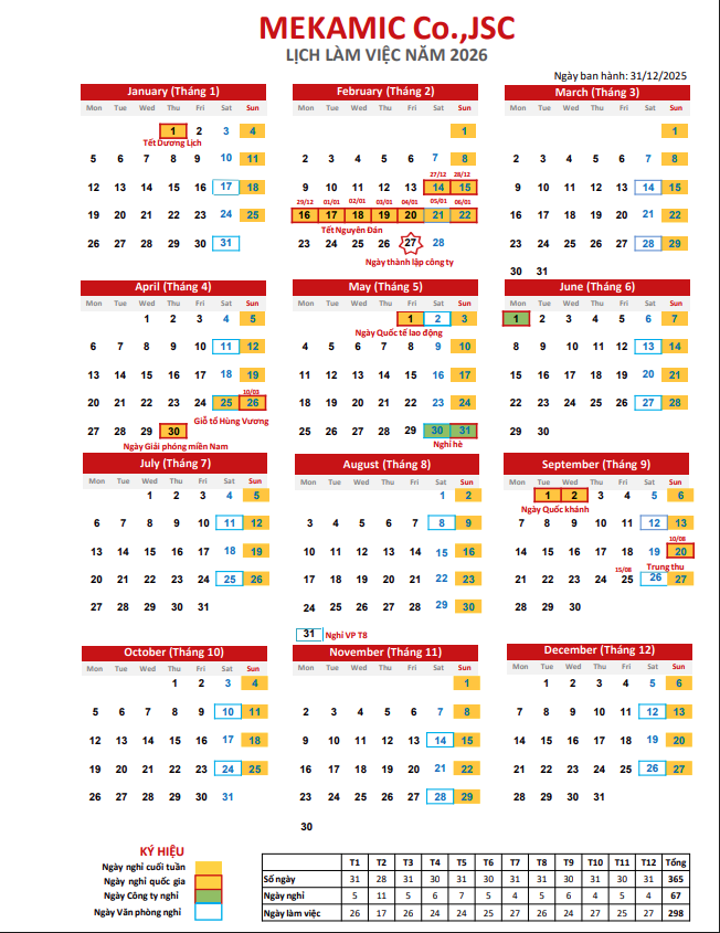 LỊCH LÀM VIỆC MEKAMIC 2026